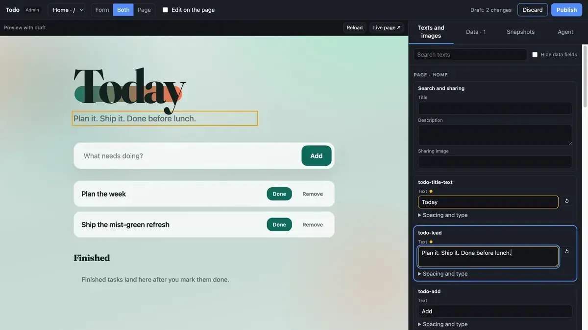 Editing texts in /aoadmin, the preview follows instantly