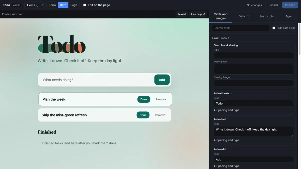 Editing texts in /aoadmin, the preview follows instantly