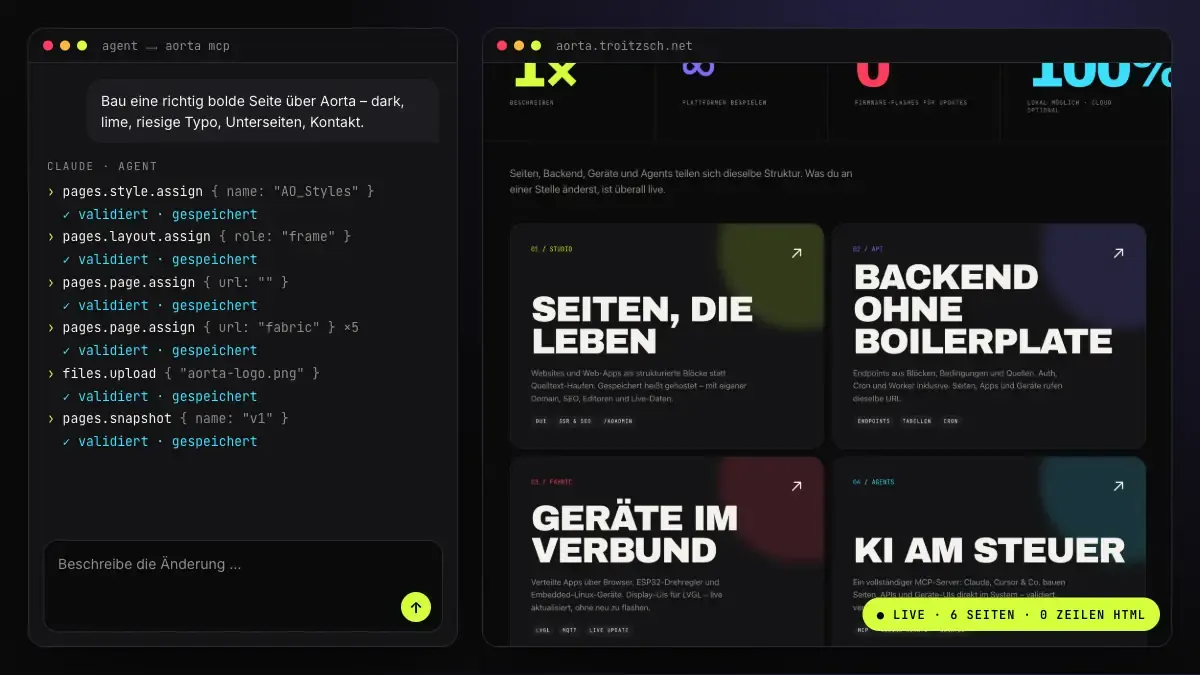 Ein Agent baut über Aorta-MCP eine komplette Website
