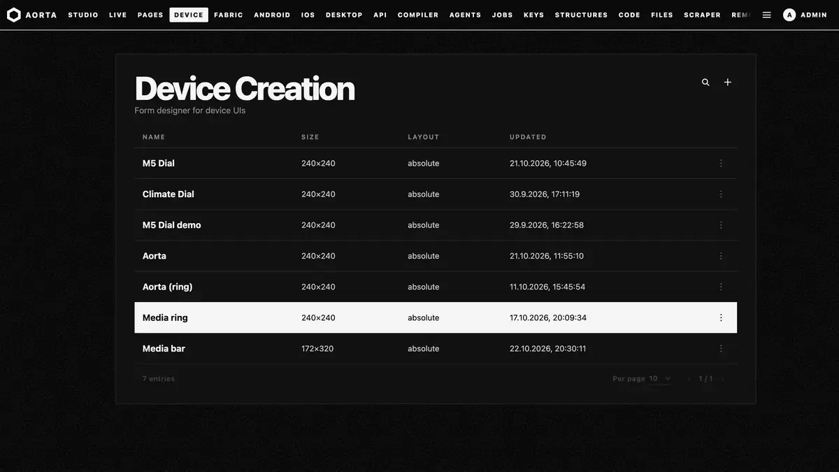 The Aorta studio: pages, APIs, devices, agents