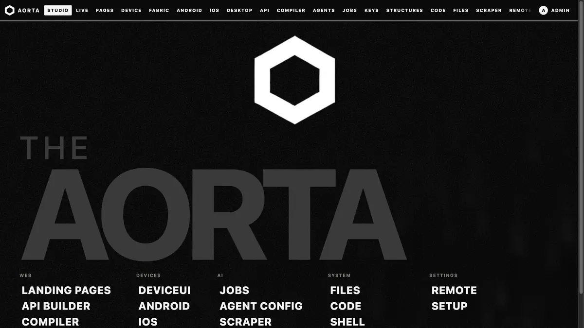 The Aorta studio: pages, APIs, devices, agents